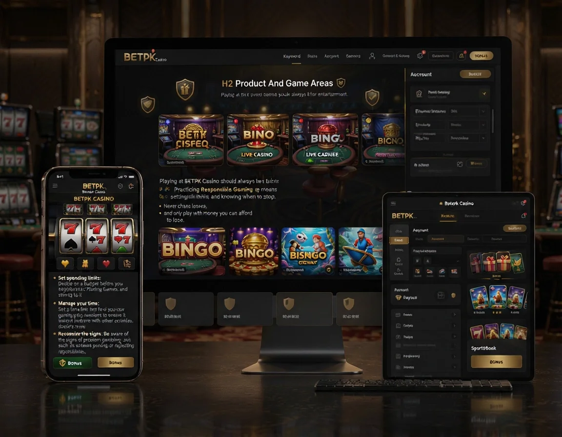 BETPK Page: Betpk Casino. Keyword: Betpk Casino. H2: Product And Game Areas. Paragraph: Playing at BETPK Casino should always be for entertainment. Practicing Responsible Gaming means setting limits and knowing when to stop. Never chase losses, and only play with money you can afford to lose. If. List items: Set spending limits: Decide on a budget before you start playing Slots, Live Casino, or Fishing Games, and stick to it., Manage your time: Set a time limit for your gaming sessions to ensure it doesn't interfere with other activities., Recognize the signs: Be aware of the signs of problem gambling, such as increased spending or neglecting responsibilities.. Visual direction: online gaming prod